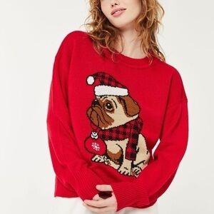 Ardene Pug Christmas Sweater Red Santa Dog Holiday Pullover M